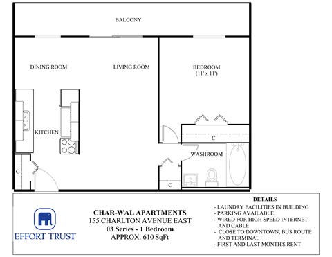 A floor plan for a Char-Wal Apartments unit shows a kitchen, dining room, living room, and bedrooms.